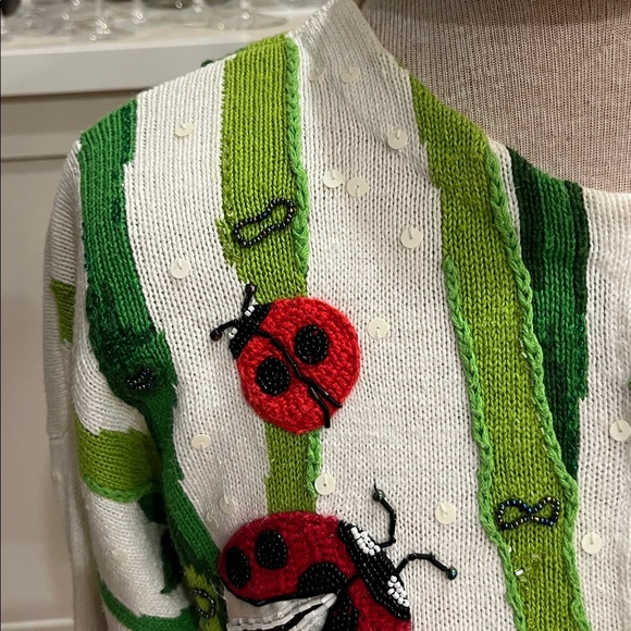 EUC Design Options linen cotton blend white long sleeve ladybug design cardigan - Picture 2 of 11